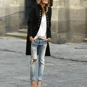 Elegant Solid Color Round Neck Long Sleeve Button Coat