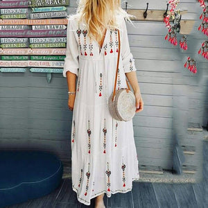 Bohemian Style V-Neck Drawstring Maxi Dress