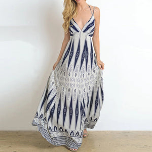 Retro Print V-Neck Sling Maxi Dress