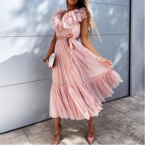 Elegant V-Neck Folds Design Maxi Dress