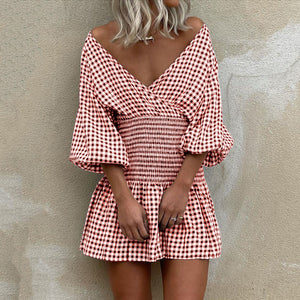 Fashion V-Neck Plaid Mini Dress