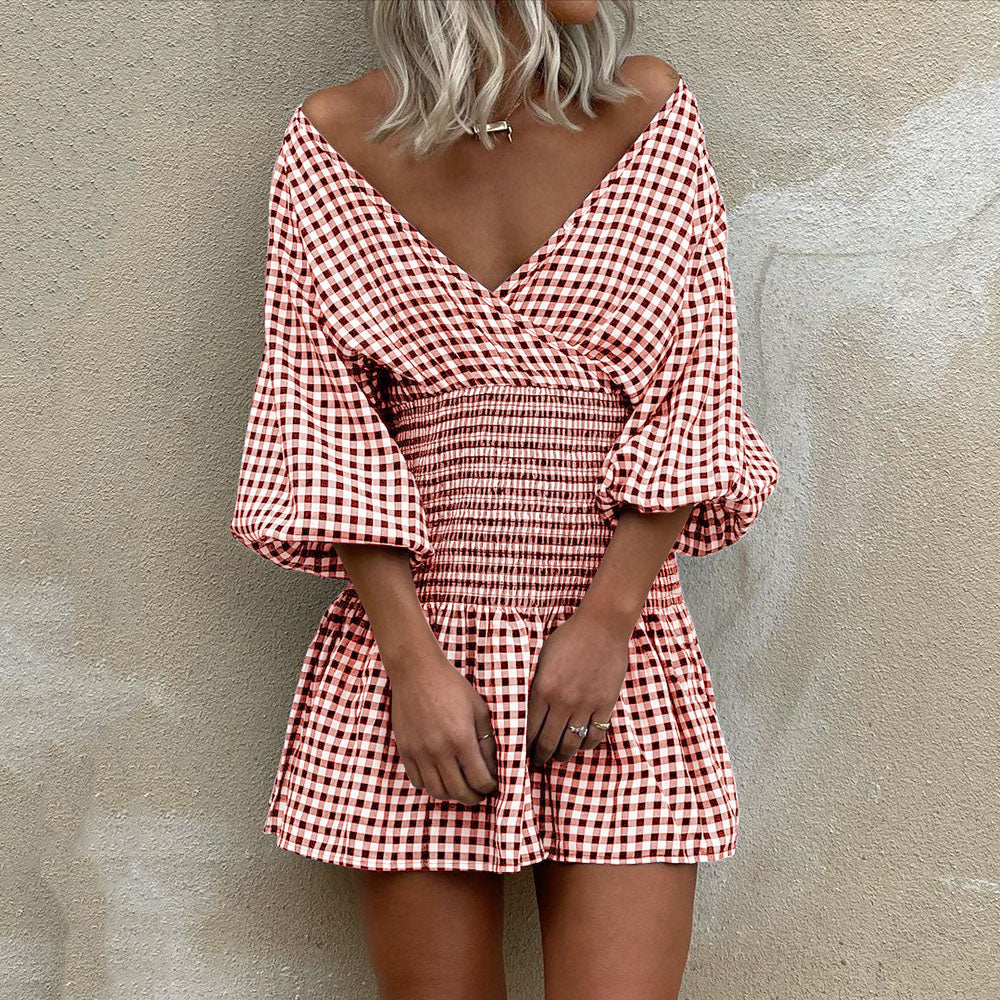 Fashion V-Neck Plaid Mini Dress