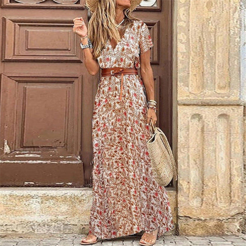Elegant V-Neck Printed Short Sleeve Maxi Dress