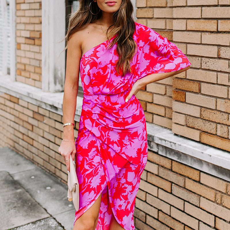 Fashion One Shoulder Floarl Printed Bodycon Dress