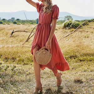 Round Neck Solid Color Single Breasted Maxi Dress