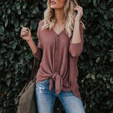 Load image into Gallery viewer, Womens Waffle Knit Tie Knot Henley Loose Fitting Tops
