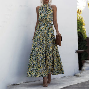 Elegant Round Neck Printed Maxi Dress