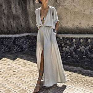 Deep V Short Sleeve Split Maxi Dress