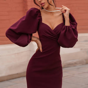 Mid-Length V-Neck Puff Sleeve Bodycon Dress