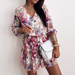 Elegant V-Neck Floral Printed Mini Dress