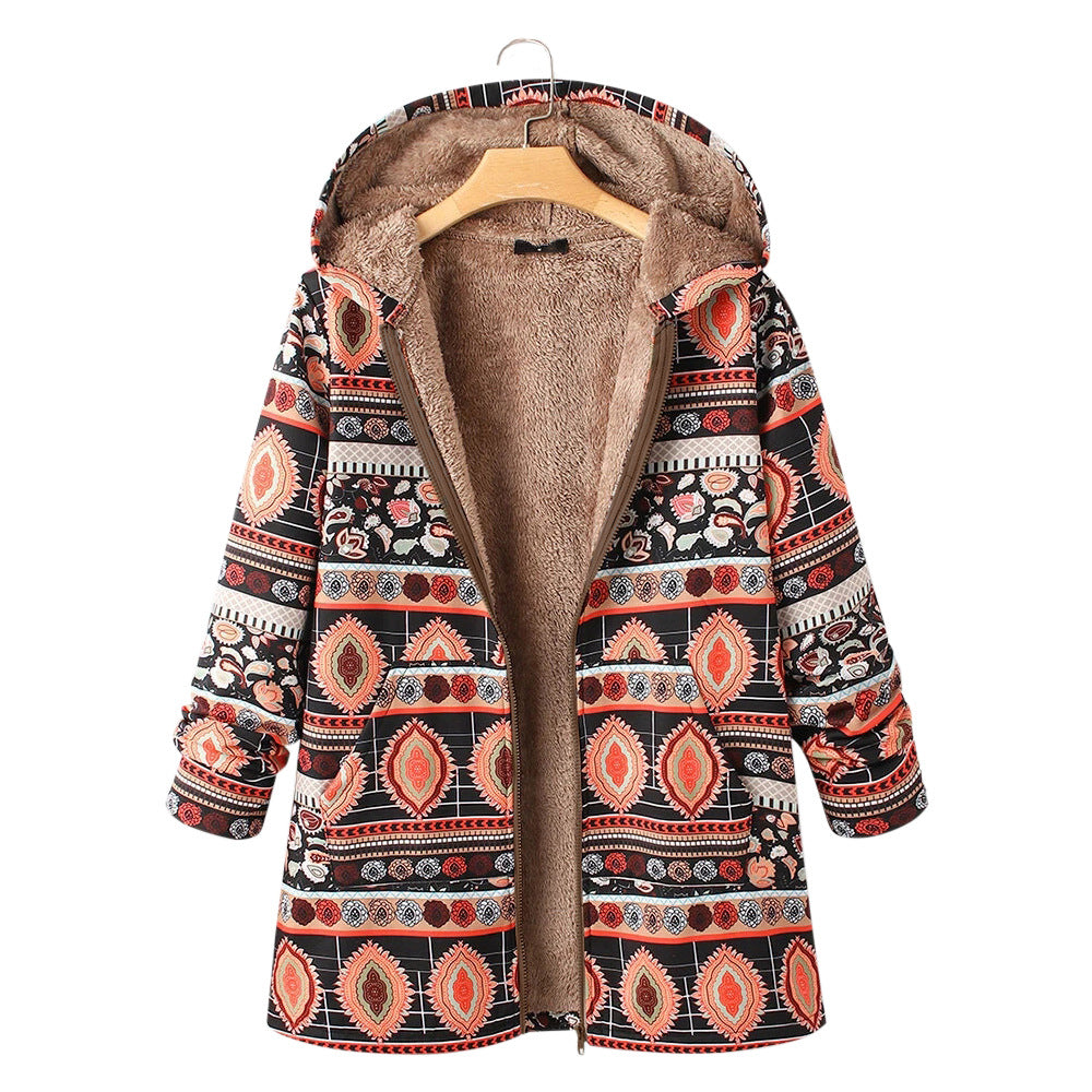 Ethnic Print Hooded Coat