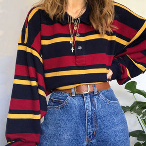 Fashion Lapel Striped Sweater Sweatshirt