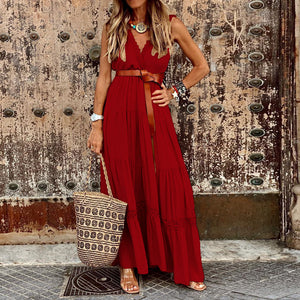 Solid Color High Waist V-Neck Maxi Dress