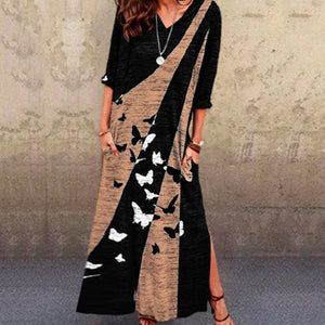 V-Neck Short-Sleeved Printed Slit Dress
