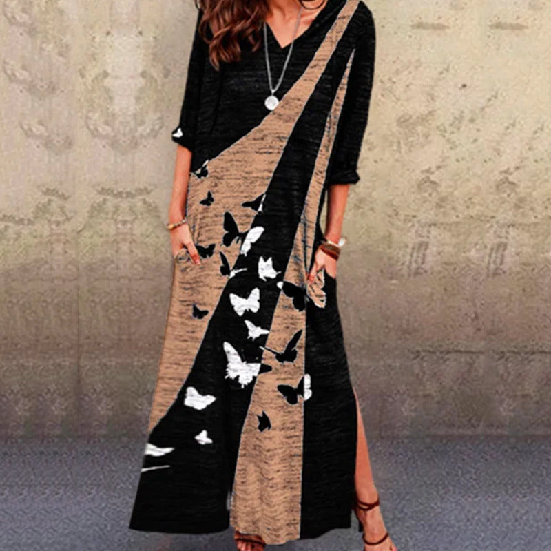 V-Neck Short-Sleeved Printed Slit Dress