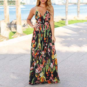 Bohemian Floral Print Suspender Maxi Dress