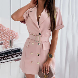 Fashion Double-Breasted Lapel Short-Sleeved Dress
