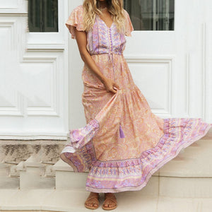 Bohemian Floarl Printed V-Neck Vacation Dress