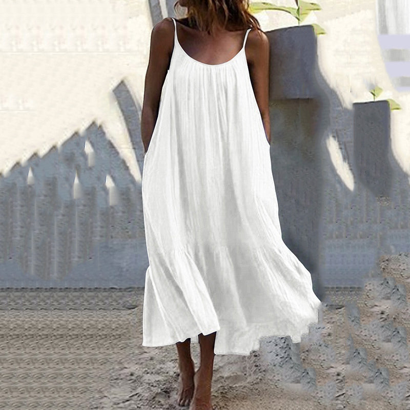 Solid Color Ruffled Sling Dress