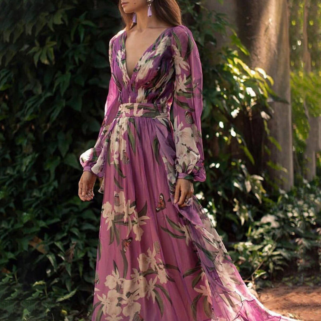 V-Neck Long Sleeve Floarl Printed Maxi Dress