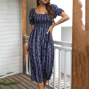 Square Neck Printed Puff Sleeve Maxi Dress