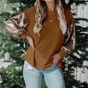 Fashion Sequins Contrast Stitching Knit Top