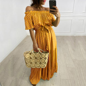 Off Shoulder Polk Dot Printed Maxi Dress