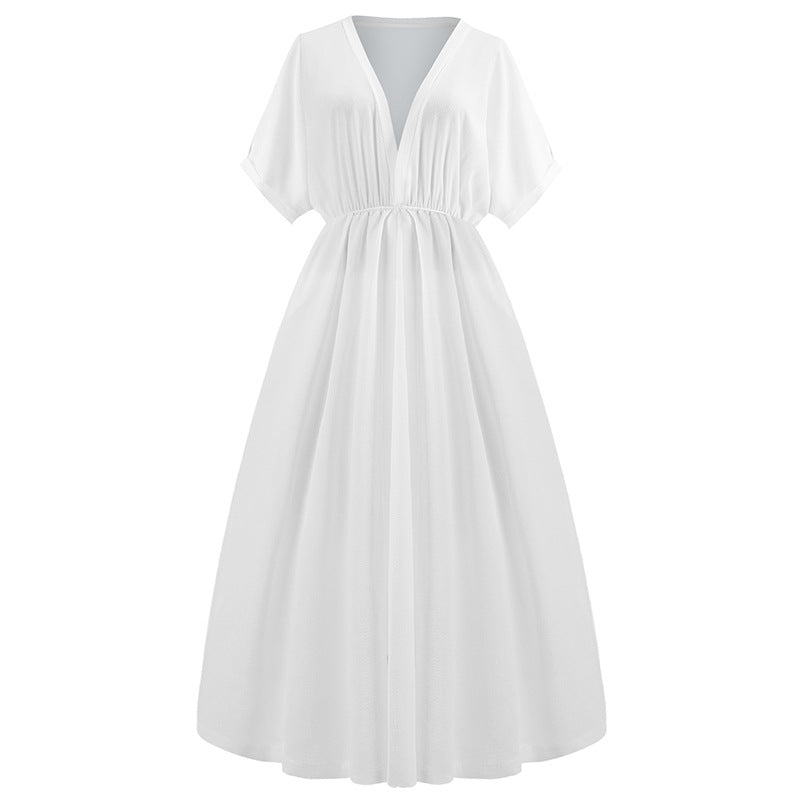 Deep V Short Sleeve Split Maxi Dress