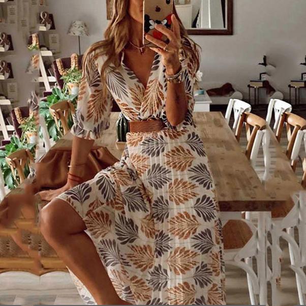 V Neck Printed Pleated Holiday Dress