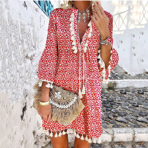 Boho Floral Print Tassel V-Neck Dress