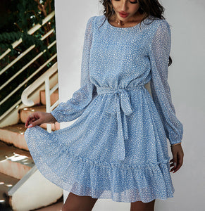 Lace-Up Round Neck Print Mini Dress