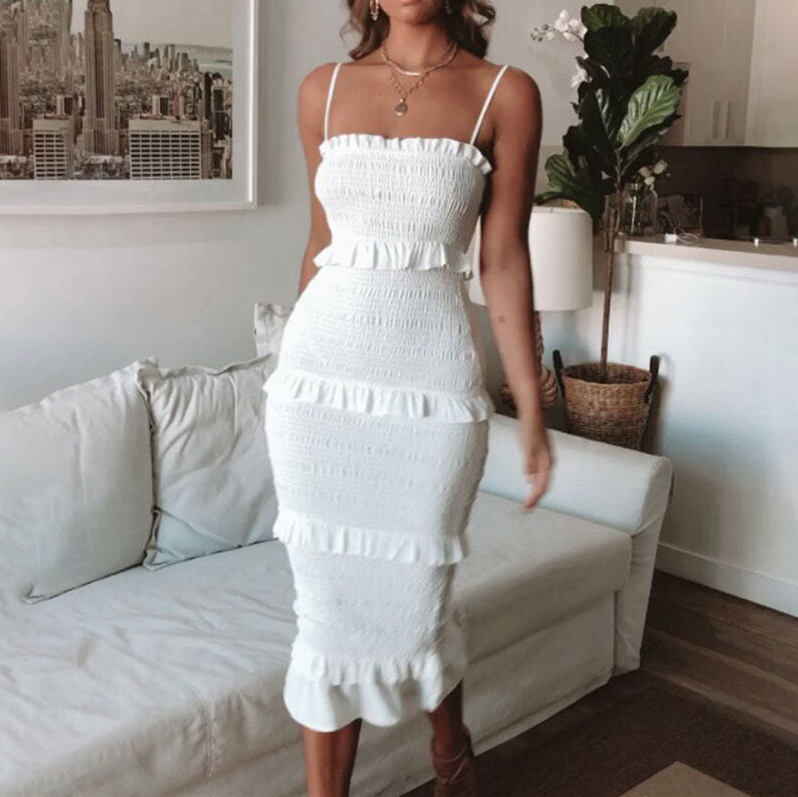 Solid Color Sling Ruffle Cake Dress