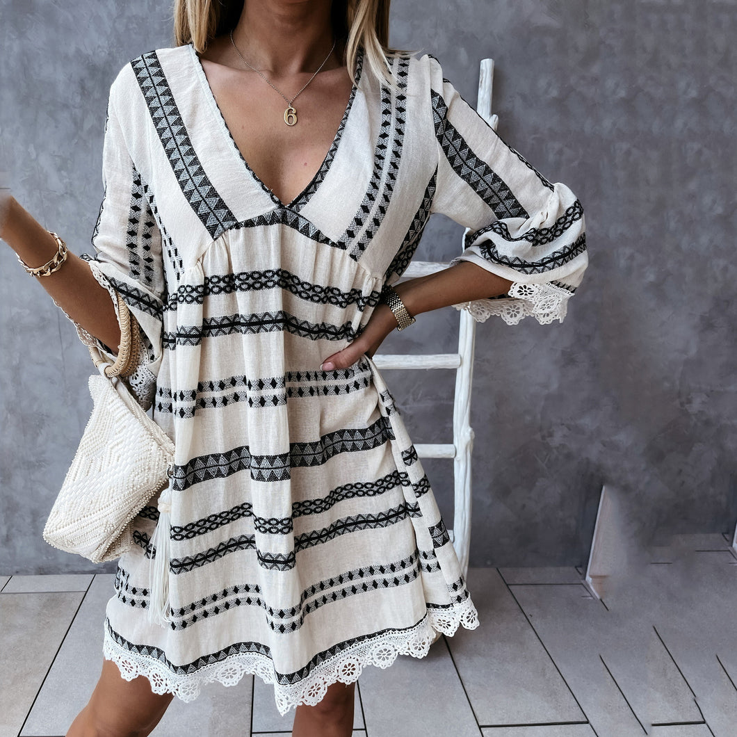 V-Neck Lace Stitching Mini Dress