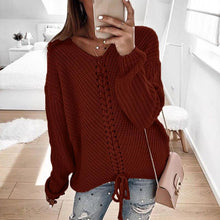 Load image into Gallery viewer, Lace Up V-Neck Loose Sweater
