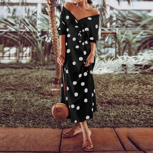 Polka Dot Print V-neck Off-The-Shoulder Dress