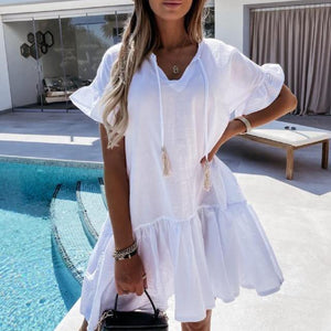 Solid Color V Neck Casual Mini Dress