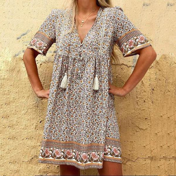 Bohemian Style V-Neck Print Dress