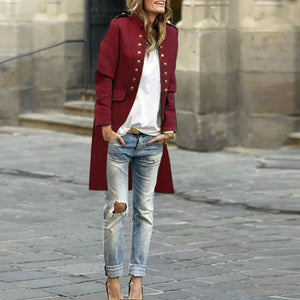 Elegant Solid Color Round Neck Long Sleeve Button Coat