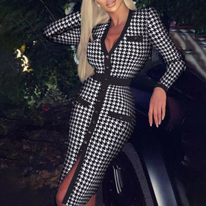 Retro V-Neck Button Bodycon Dress