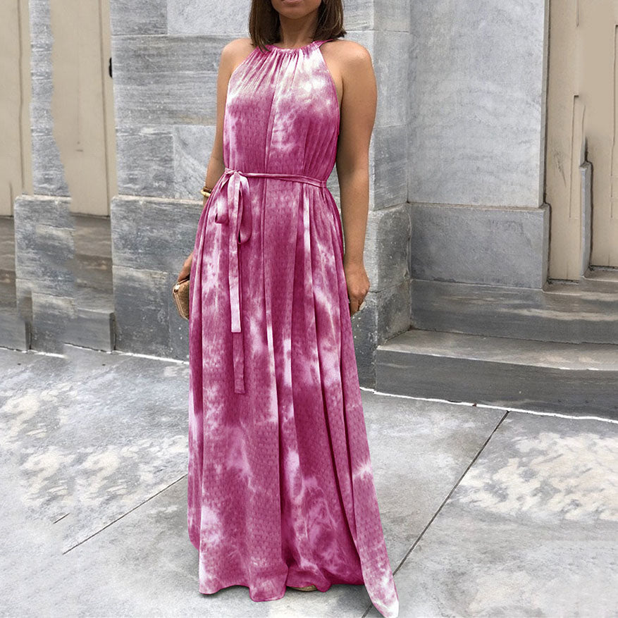 Tie-Dye Printed A-Line Sleeveless Maxi Dress