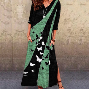 V-Neck Short-Sleeved Printed Slit Dress