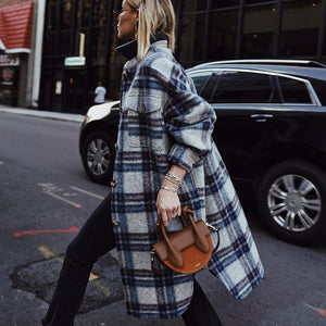 Elegant Lapel Long Sleeve Plaid Coat