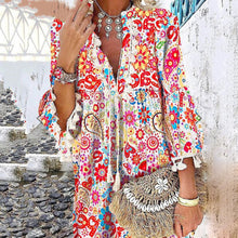 Load image into Gallery viewer, Floarl Printed V-Neck Pullover Tassel Dress

