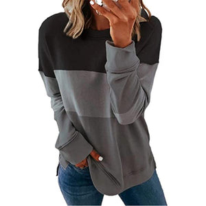 Contrasting Color Round Neck Long-Sleeved Tops