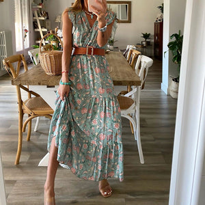 Floral V-Neck Floarl Printed Maxi Dress