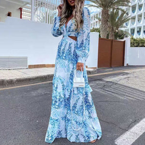 Fashion Hollow Out Design Floral Printed Maxi Dress