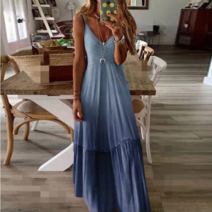 Casual V-Neck Gradient Color Maxi Dress
