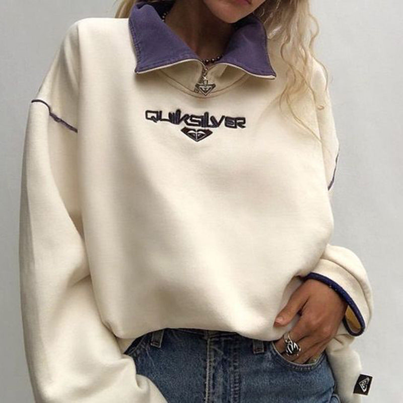 Contrasting Lapel Casual Sweatshirt