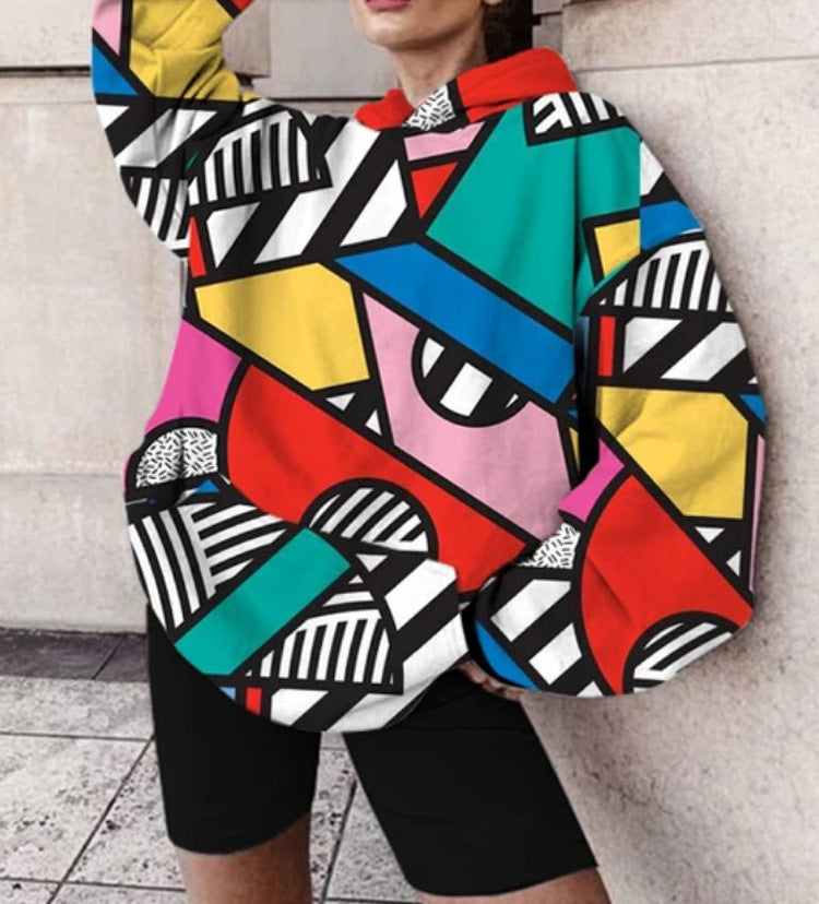 Casual Loose Geometric Print Hooded Sweatshirt