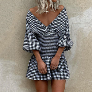 Fashion V-Neck Plaid Mini Dress
